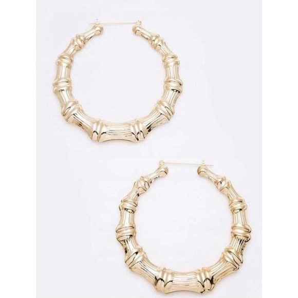 Womens Bamboo Hoop Earrings Gold Tone Hoop Oversize Jewelry New Hip Hop Retro - Picture 2 of 2